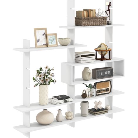 HOMCOM estantería de pared, librería geométrica con 4 estantes y compartimento central rectangular, para salón o dormitorio, blanco (1/5)