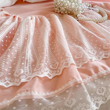 1 Jupe de Lit,Cache-sommiers avec Volants en Dentelle,Tissu Microfibre Respirant,Couleur Unie Rose, pour Cadre 180x200cm (1/5)