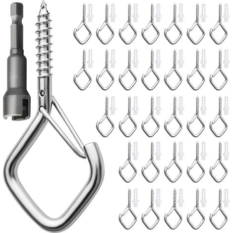 30 Pcs Crochet à Visser en Acier Inoxydable Argenté, Piton à Visser avec Boucle de Sécurité, Crochets Muraux à Visser, Pour Suspendre Paniers à Plantes Mangeoires à Oiseaux Lanternes, Rhombe
