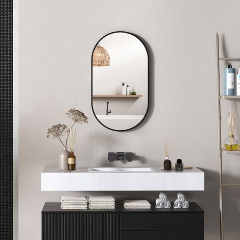 Ovaler Badezimmerspiegel 40 x 70 cm, dekorativer Wandspiegel mit Aluminiumrahmen für Wohnzimmer, horizontal oder vertikal, Schwarz