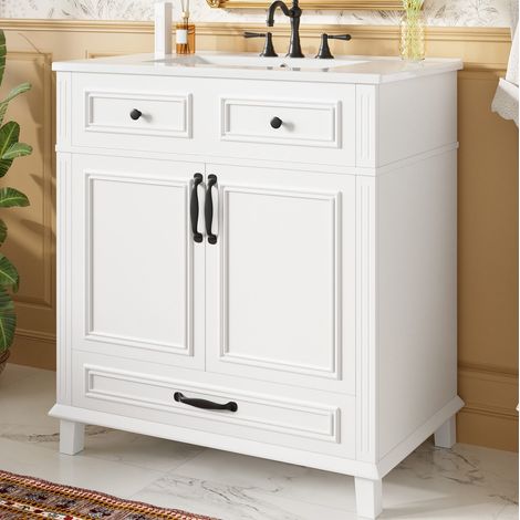 Meuble sous vasque 77x46x86 cm avec vasque en céramique, 9 compartiments, portes soft-close, MDF blanc (1/5)