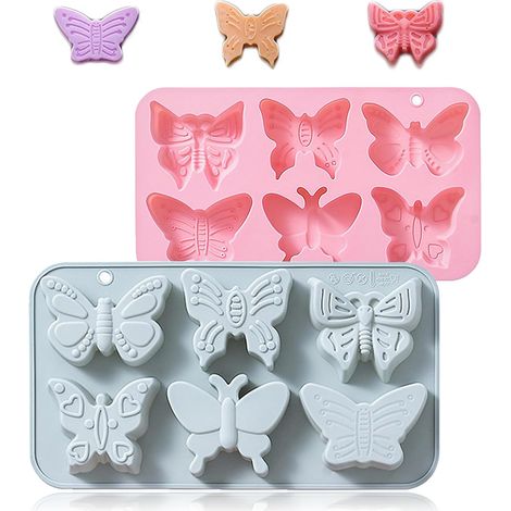 Moule papillon 6 cavités en silicone antiadhésif, idéal pour chocolats, gelée, glaçons et bonbons. Lot de 2. (1 bleu, 1 rose) (1/5)