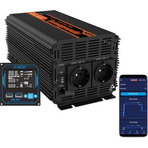 Edecoa – Convertisseur 12V 220V/230V pur sinus 2000W – 2 ports USB – Télécommande PRO – Mode ECO pour économies d'énergie - LiFePo4
