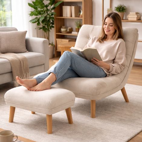 Poltrona Reclinabile Poggiapiedi Beige Imbottitura Alta Densità Seduta Ergonomica