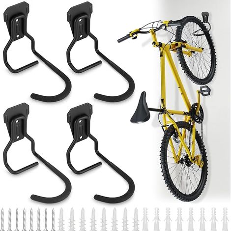 Lot de 4 Crochets Vélo,Support de Vélo Mural Noir Muraux Support Mural de Rangement pour Vélos Robuste Gain de Place pour Montagne Vélo Surface Antidérapante en Acier pour Maison ou Garage