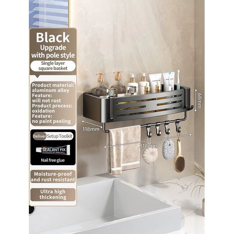 (JS68carré noir B) Étagère murale en aluminium pour salle de bain, rangement pour shampoing, étagère de cuisine, support mural sans perçage. (1/5)