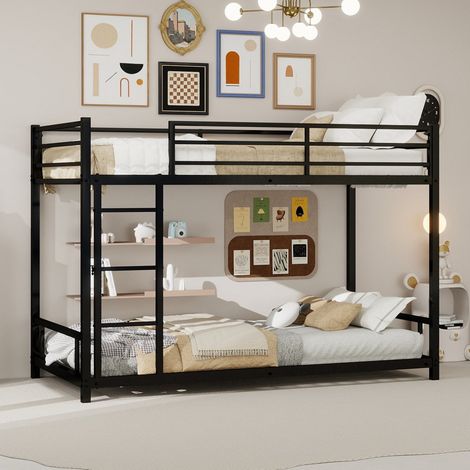 Lit mezzanine 90x190 cm, lit superposé métal noir 2 places avec échelle et barrières de sécurité, sommier inclus, sans matelas (1/5)