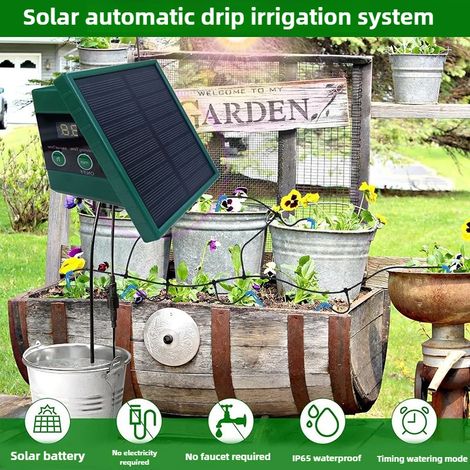 Système d'irrigation solaire automatique goutte à goutte pour jardin et balcon (1 kit) - Tuyau d'arrosage goutte à goutte pour usage extérieur - Installation facile et rapide (1/4)