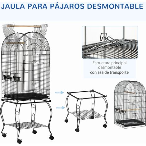 Cage à oiseaux avec support et roulettes. cage en acier avec plateau amovible et 2 mangeoires. 51 x 51 x 153 cm. noire (1/5)