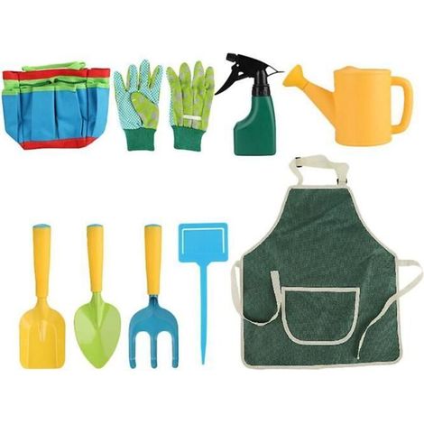 A set of children's gardening tools, including a watering can and transplanting accessories for home use. (1/3)