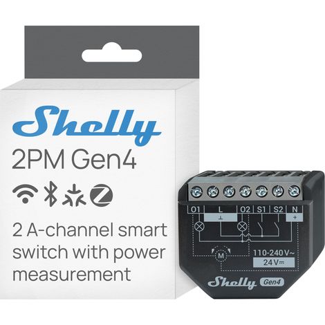 Shelly 2PM Gen4- WLAN- Bluetooth- und Zigbee-betriebener Smart-Relais-Schalter, 2 Kanäle, 16A, Messung De Power, Switch De Blind, Home Automation, Fernsteuerung, kein Hub erforderlich, Alexa