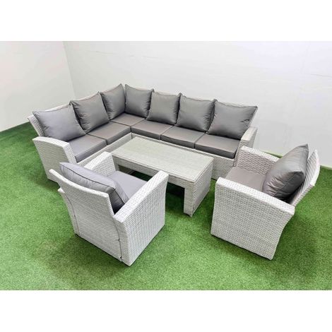 Fimous Rattan Garden Furniture Set Outdoor 8 Seater Corner Sofa Sets with Oblong Coffee Table Chair Light Grey Mixed (1/5)