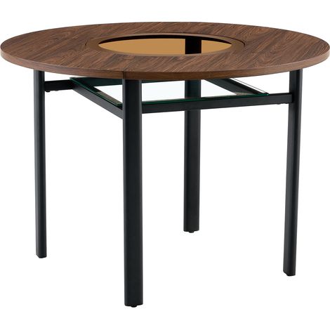 Table ronde en MDF aspect bois brun avec plateau en verre gris brun et piétement métal noir, 4 à 6 personnes, pour salle à manger, salon, cuisine - CHICFURN (1/5)