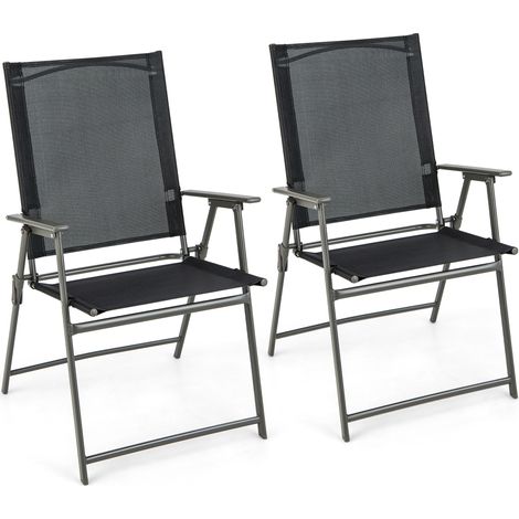 Lot de 2 chaises pliables extérieures avec accoudoirs, cadre métallique anticorrosion noir et gris, chaises de jardin, terrasse et camping (1/5)
