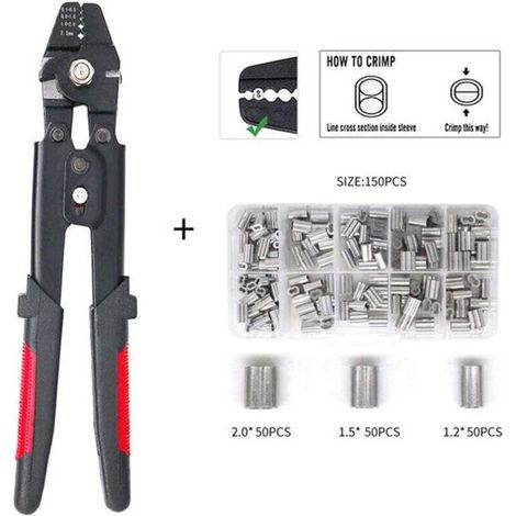Pince à corde avec fonction coupante pour manchons en aluminium de 0,1 mm à 2,2 mm,avec 150 pièces 1,2/1,5/2 mm en aluminium à double barillet (1/4)