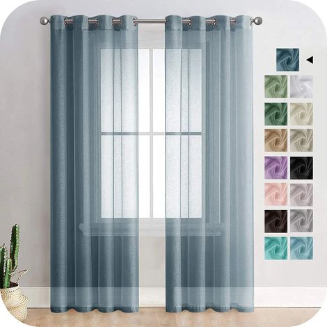 2 Pièce Rideau Voilage Blanc 140x225 cm à Oeillet Semi-Transparent en Effet Lin Décorations d'intérieur de Fenêtre de Salon Moderne Chambre Cuisine Balcon Baie Vitrée Léger Romantique—Bleu Marine (1/5)