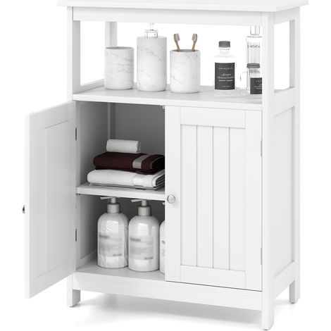 Costway – Armoire de sol pour salle de bain – Rangement autonome avec 2 portes – Compartiment ouvert et étagère ajustable – MDF 60x30x80 cm (1/5)