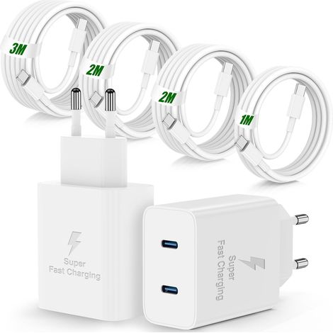 45-W-Schnellladegerät mit USB-C für iPhone 17e/17, 16, 15 Pro Max, 2er-Pack mit 2 USB-C-Anschlüssen und 1/2/2/3 m langem USB-C-Kabel, USB-C-Netzteil für iPhone 17 Air/17, 16, 15 Pro/17/16, 15 Plus/16e (1/5)