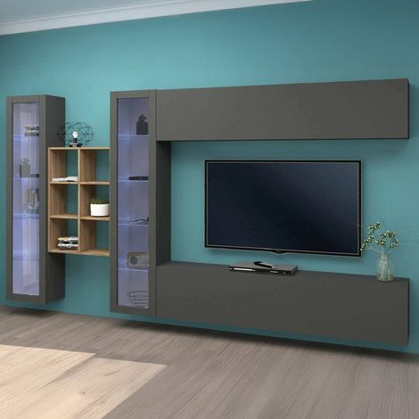 Dmora - Pared Equipada Dcaprin, Conjunto de salón Mueble TV con 4 puertas, Mueble de salón polivalente, 100% Made in Italy, cm 280x30h180, Antracita y Arce (1/5)