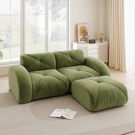 Sofá modular 2 plazas verde en chenilla con reposapiés, espuma 32D de alta densidad y diseño apto para mascotas (1/5)