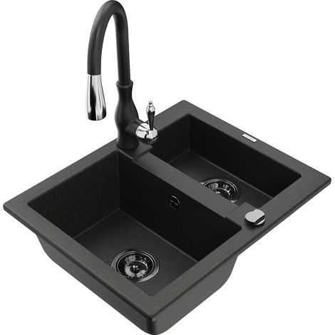 Mexen Carlos lavello in granito 1,5 vasche con miscelatore da cucina Savita, nero/oro metallizzato - 6518-75-672601-70-B (1/5)
