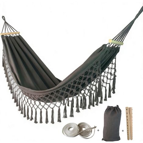 Hamac Anti-Basculement avec Franges Gris Foncé 270x100cm Barres en Bois Sangle Attachage 2 Pièces pour Extérieur Camping Jardin (1/5)