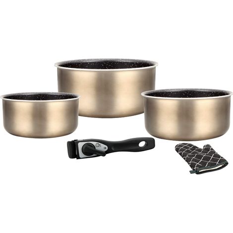 Batterie de cuisine - Set de casseroles induction 5 pièces - Casseroles et poêle tous feux en aluminium forgé avec revêtement marbre et poignée amovible - Cuivre (1/2)