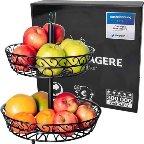 grande corbeille a fruits 2 etages - Panier a fruits a etages en métal décoration plan de travail - Coupe de fruit design noire (1/4)