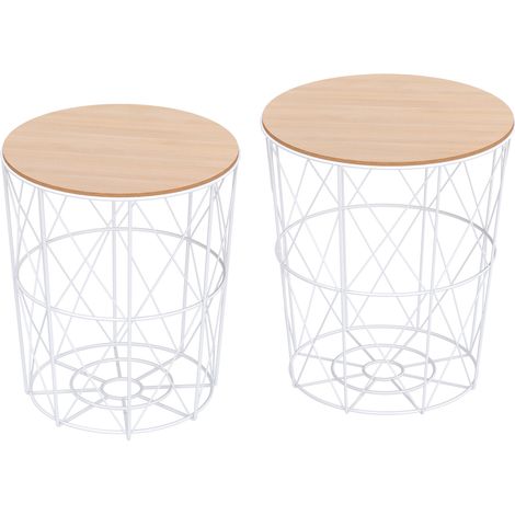 Beyamis Set aus 2 Beistelltischen für das Wohnzimmer mit abnehmbarer Holzplatte und Metallgestell, Ø 40 x 45 cm und Ø 35 x 40 cm, Weiß
