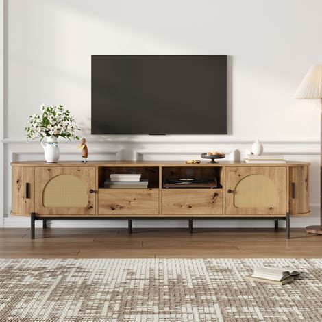 Meuble TV ovale 200x40x49.5 cm, meuble bas de salon avec rangement et passe-câbles, avec pieds en métal noir style bohème chic, Naturel (1/5)