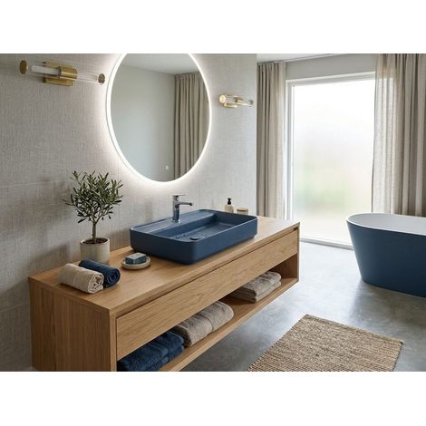 Lavabo rettangolare da appoggio senza troppo pieno in ceramica con foro rubinetto - Blu Opaco