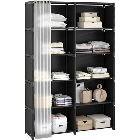 6-stufiges Aufbewahrungsregal, Fächer mit Vorhängen, tragbares Bücherregal, schwarz, multifunktionales Aufbewahrungsmöbel, ideal für Büro, Schlafzimmer und Badezimmer. (1/5)