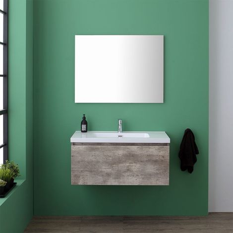 Mobile con cassetto cm90 per bagno colore cemento lavabo e specchio Madrid (1/5)