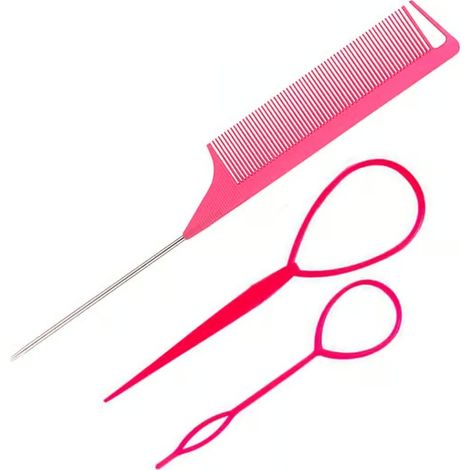3 pièces pour l’outil topsy pour les poils de queue, outil pour boucle rose avec peigne à queue de rat, outil pour tirer les cheveux, outil pour tresser les cheveux Red