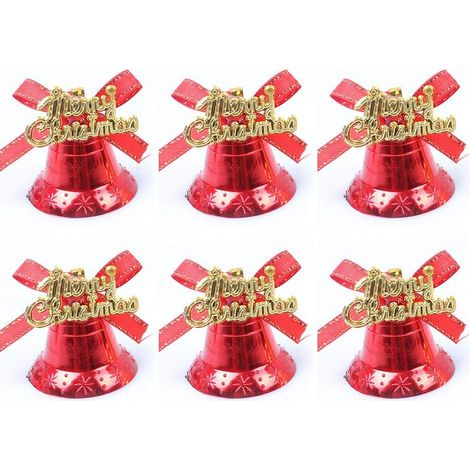 Cloche De Noel - Plastique Rouge Avec Motif Merry Christmas Et Nœud - Décoration Arbre De Noel Porte Cheminée - Lot De 12