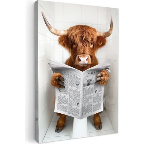 CUADRO EN LIENZO Highlander escocés - Animal - Periódico - Inodoro Cuadros Grande 80x120 cm