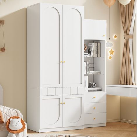 Ensemble armoire 2 portes + meuble de rangement 80x50x200 cm et 50x40x180 cm MDF blanc pour chambre (1/5)