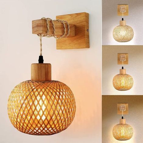 Applique de chevet en bambou, dimmable, variateur et ampoule non inclus, lampe en rotin salle à manger (1/5)