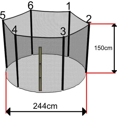 Filet trampoline 240-250cm – 6 montants 150cm – Ouverture zip et clips de sécurité – Maille serrée pour protection optimale