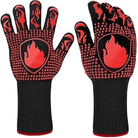 Gant Barbecue, Gants Anti Chaleur Jusqu'à 800°C Universel Gants de Cuisine Résistant à la Chaleur et Antidérapants Gants pour BBQ Grill Four Cuisine et Cheminée [1 Paire] - Rouge (1/5)