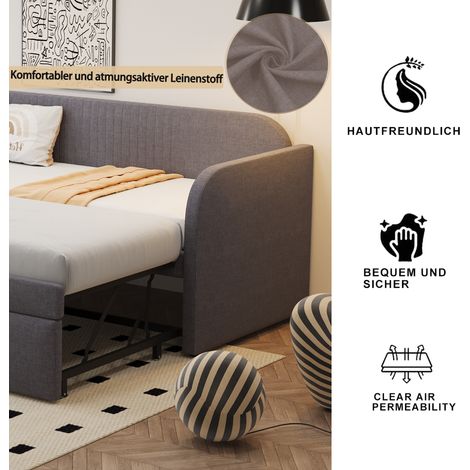 Canapé-lit convertible en tissu lin respirant, matelas non fourni, sommier à lattes inclus, rayures verticales, gris, dimensions 90/180x190 cm, lit d'appoint multifonctionnel et rembourré, extensible. (1/5)