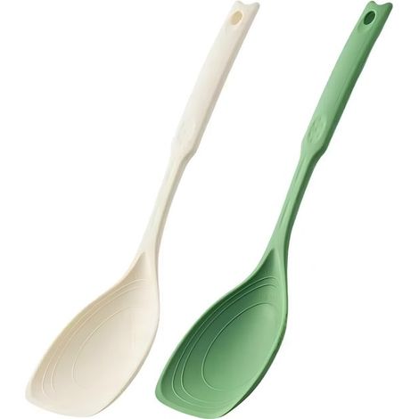 Juego de 2 espátulas grandes de silicona, 30 cm, Antiadherentes, Con cuenco hondo y marcas de medición, Para mezclar y servir, Blanco y verde (1/5)
