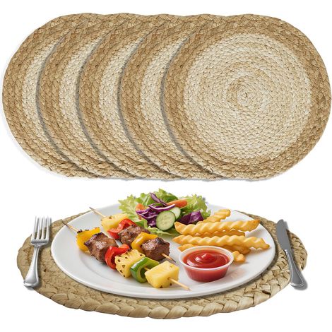 Lot de 6 sets de table lavables, fabriqués à la main, en jacinthe d'eau naturelle et jonc de mer, résistants à la chaleur et antidérapants, lavables, pour table à manger, cuisine (1/5)