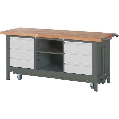 STIER Werkbank Premium mit abs. Fahrgestell, 6 Schubladen und einem offenen Fach BxTxH 2000x700x880mm