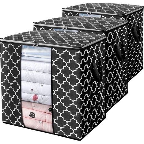 Lot de 3 sacs de rangement 100 L pour couettes et literie, organiseur pliable avec poignée renforcée, fenêtre transparente, fermetures éclair robustes, noir (1/5)