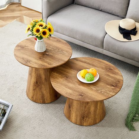 REDOM - Set di 2 tavolini rotondi 50x50x48 cm e 60x60x35 cm, versatili, con base stabile in MDF naturale. (1/5)