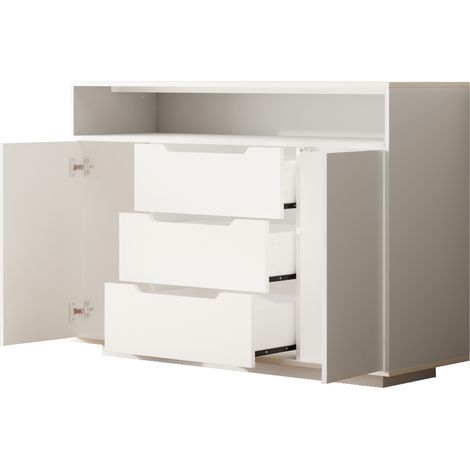 Credenza multifunzione bianca MODENUIT con ripiano aperto, 3 cassetti e ante (1/5)