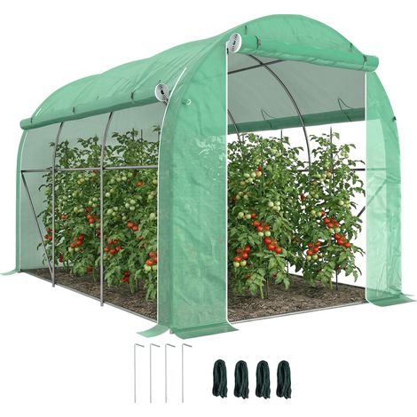 Serre tunnel de jardin 6 m² 3 x 2 m avec 1 porte + 2 parois latérales zippées enroulables, 6 fenêtres, vert (1/5)