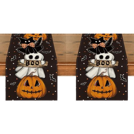 Tableau Chimie d'Halloween Décoration table de maisons et fêtes - 33 x 183 cm Motifs à pois : fantôme, citrouille, chat, boo(2 pièces)