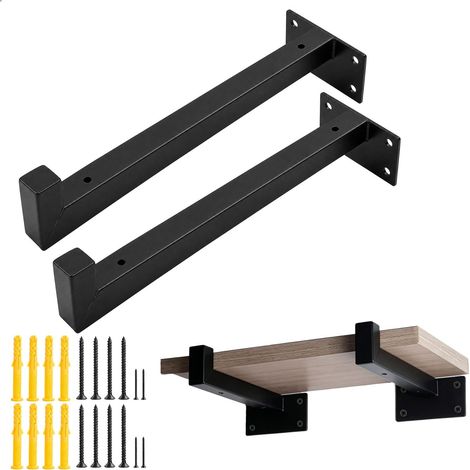 Equerre Etagere Murale, Equerre Etagere, Support Etagere Murale avec Crochets, Acier Laminé à Froid, Equerre Charge Lourde pour Salon, Cuisine, Chambre à Coucher (2 Pièces, Noir) (1/5)